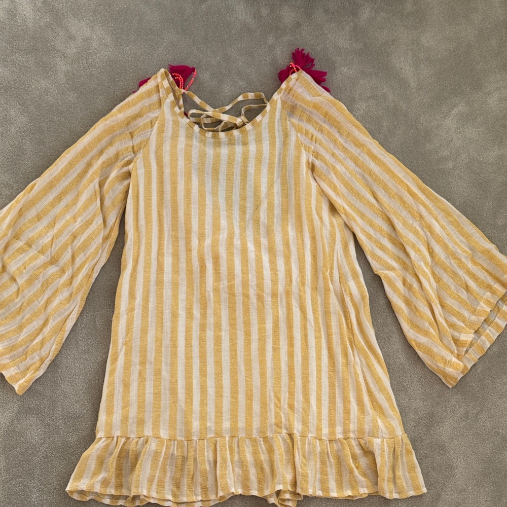 Yellow Striped cover up with pink tassel accents, size XS/S